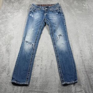 Rock Revival Amy Capri Jeans Women 25 (Fits 27x29) Blue Distressed Buckle